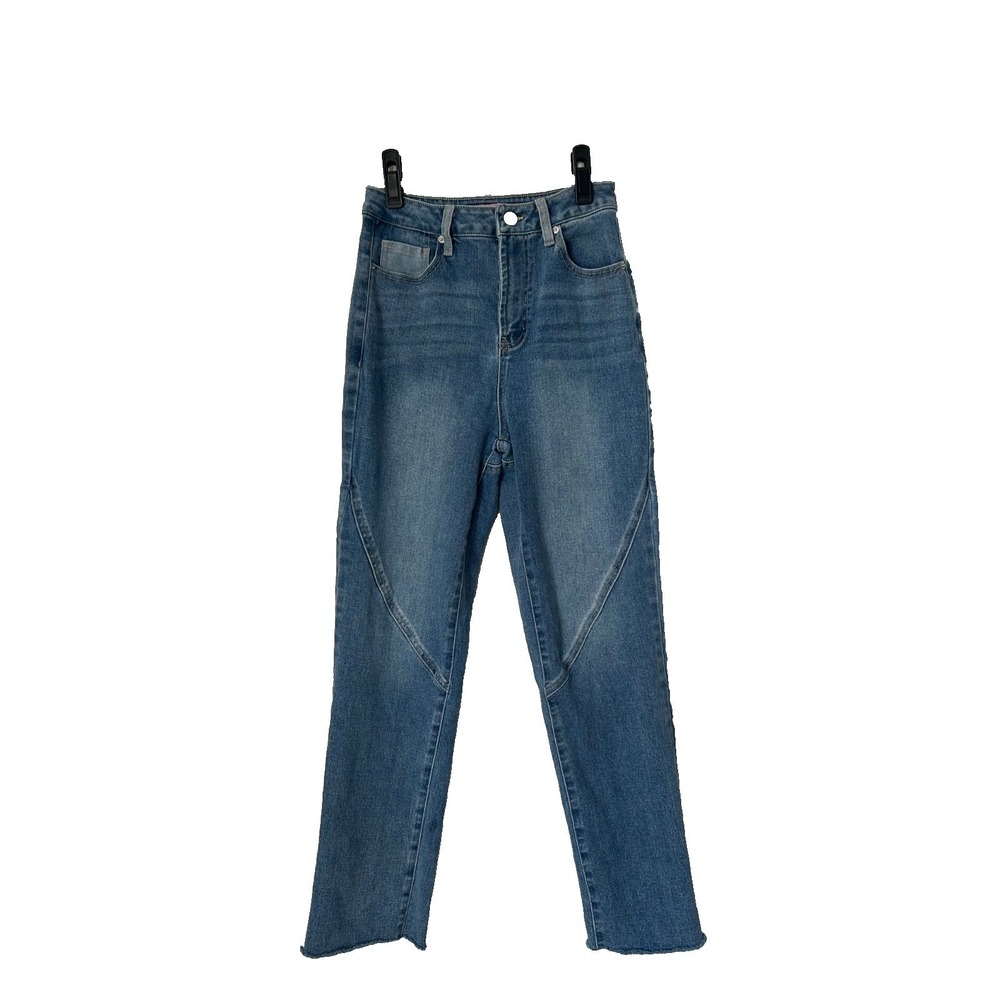 Juicy Couture Venice Jeans Size 24 Blue Heart Pocket High Rise Raw Hem Straight